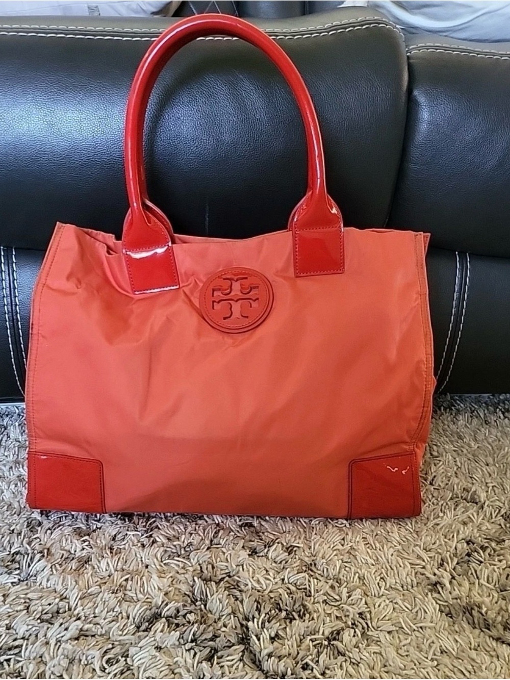 Tory Burch Coral-Orange Nylon Tote with Patent Handles